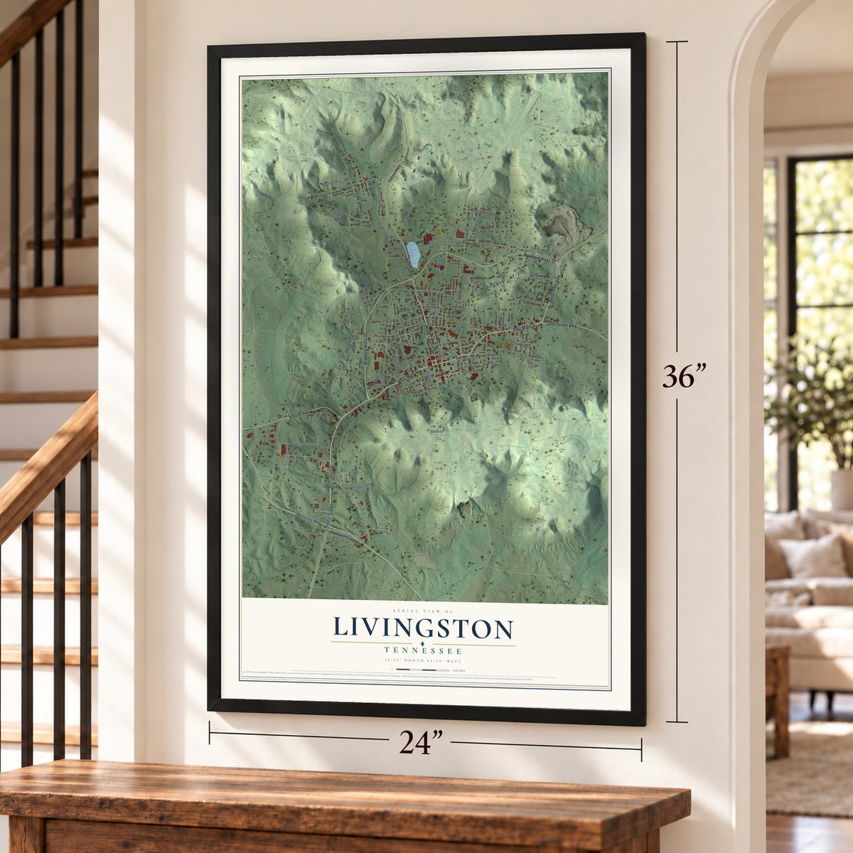 Livingston, Tennessee map, 24 x 36 inch print in a black frame by a staircase