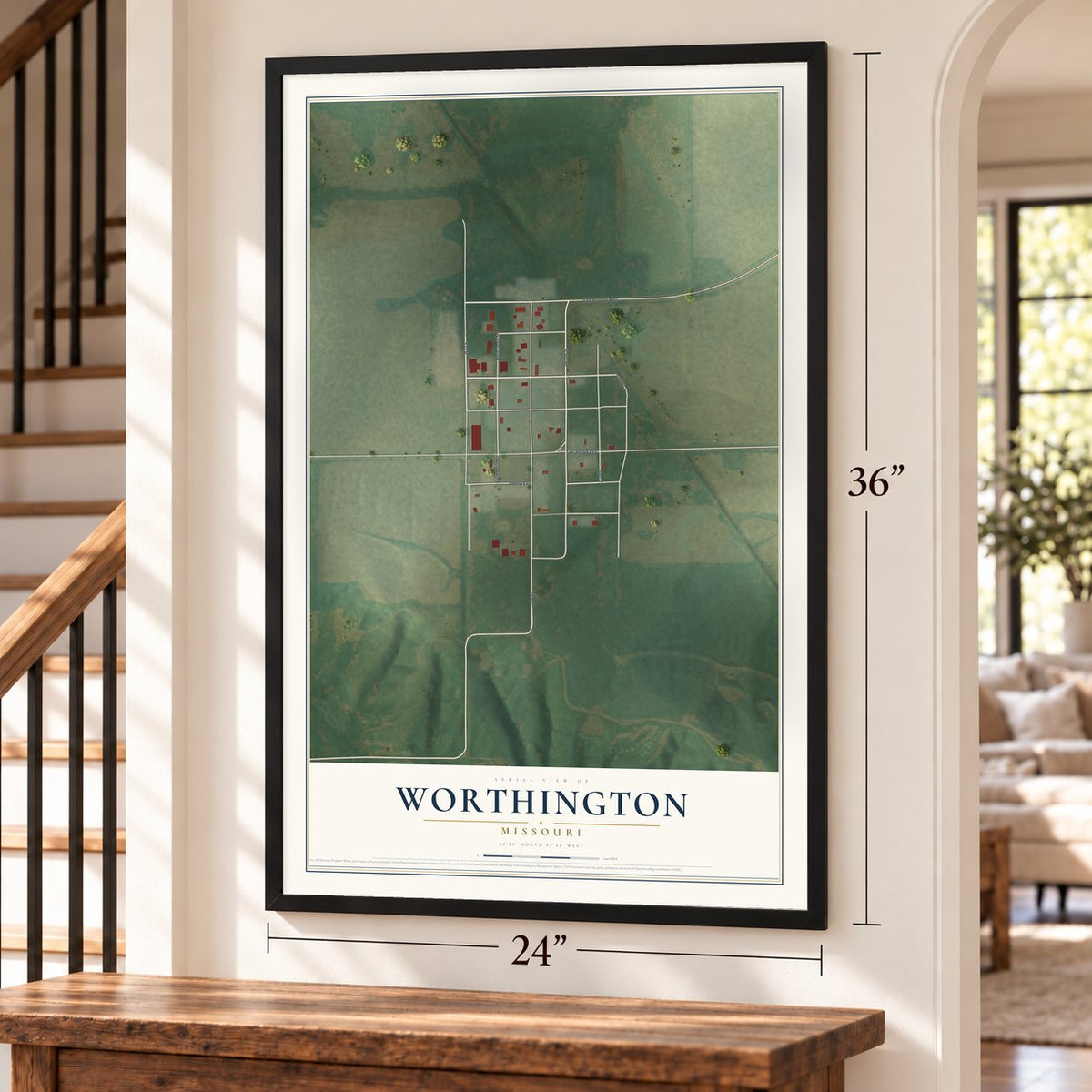 Worthington, Missouri map, 24 x 36 inch print in a black frame by a staircase