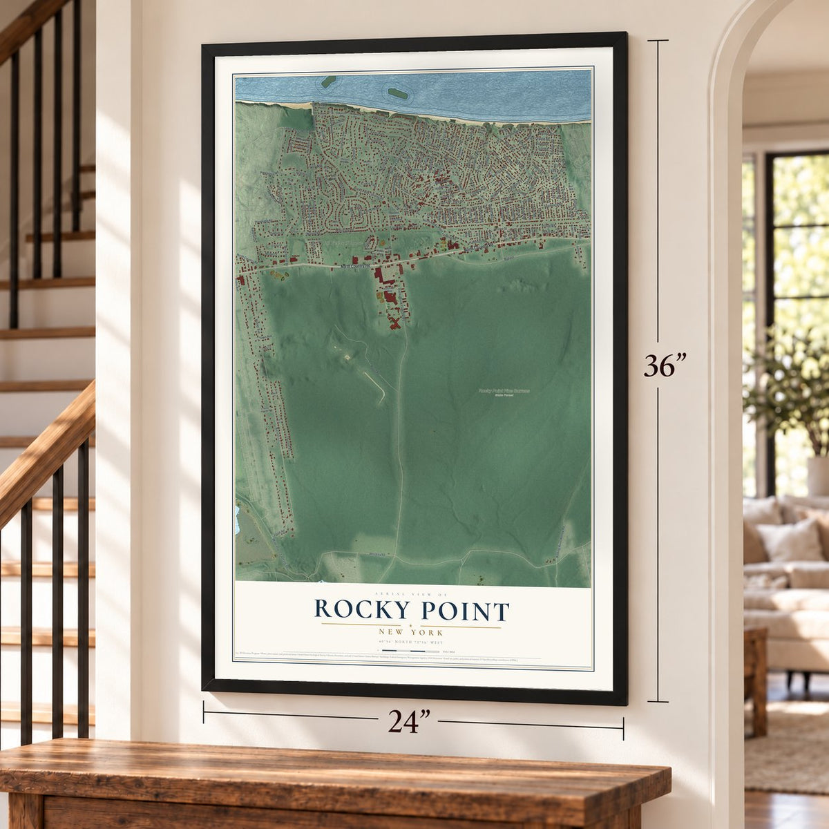 Rocky Point, New York map, 24 x 36 inch print in a black frame by a staircase