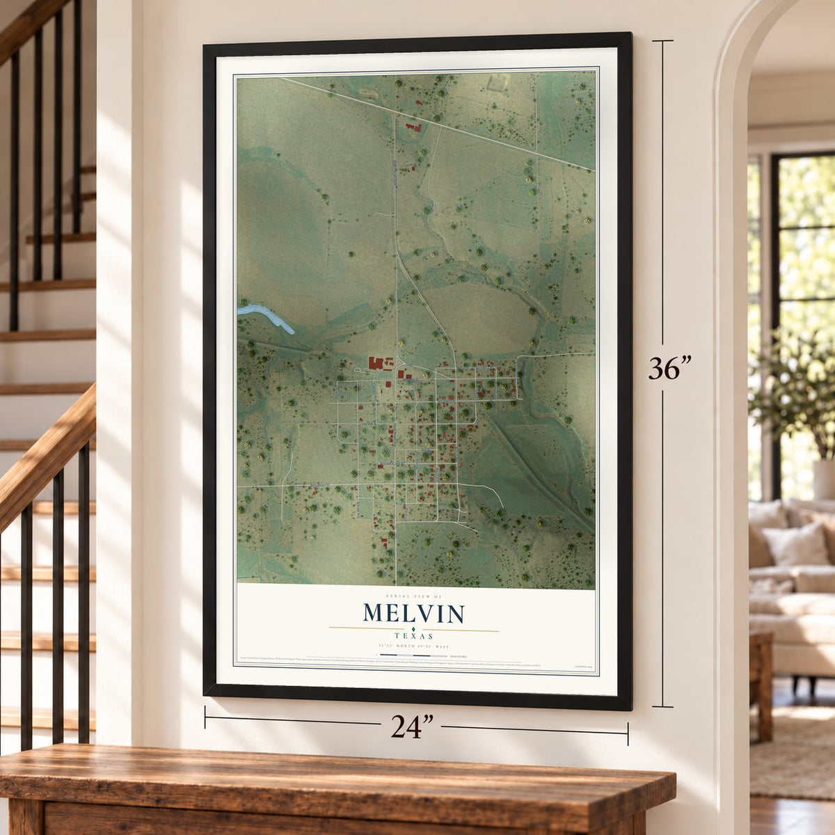 Melvin, Texas map, 24 x 36 inch print in a black frame by a staircase