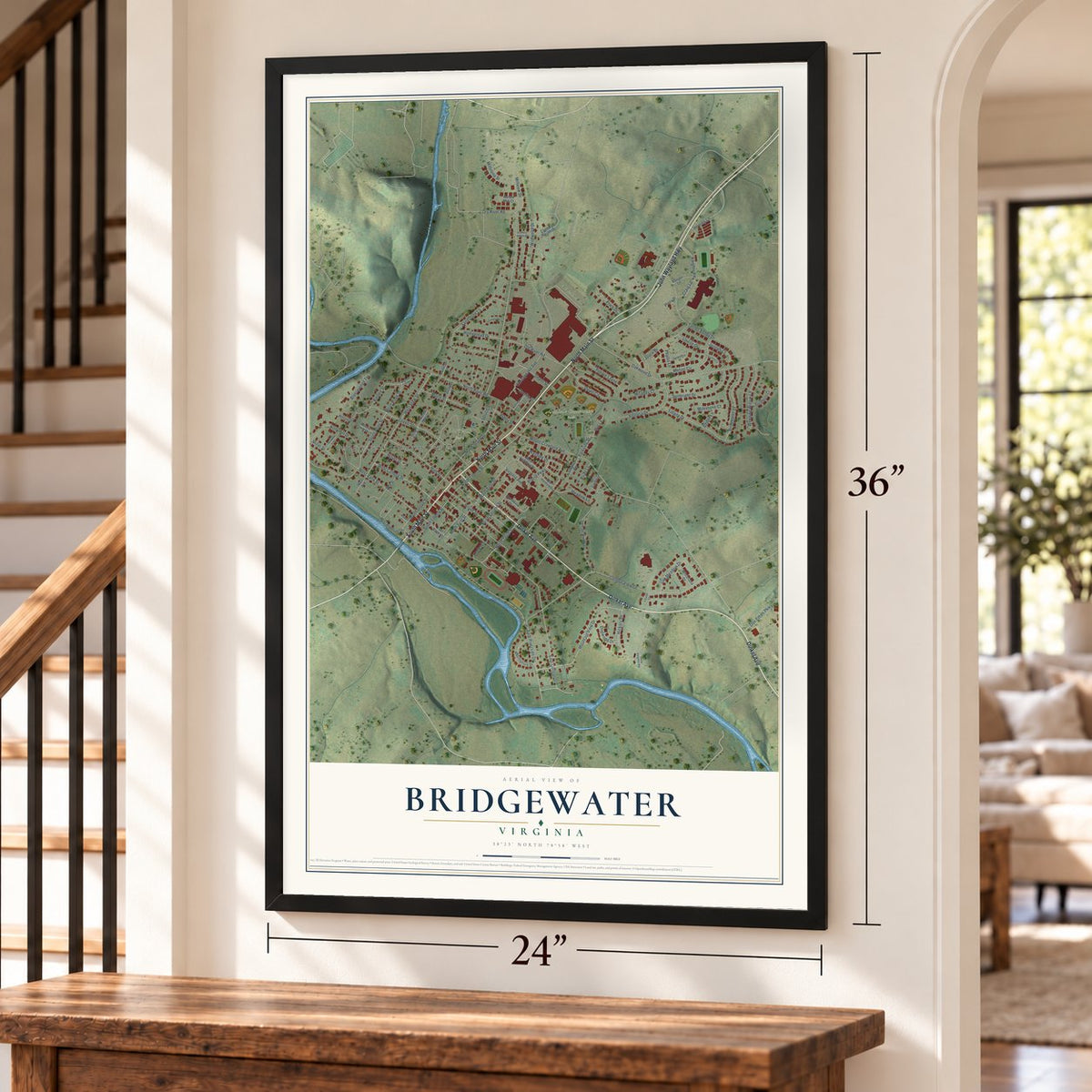 Bridgewater, Virginia map, 24 x 36 inch print in a black frame by a staircase