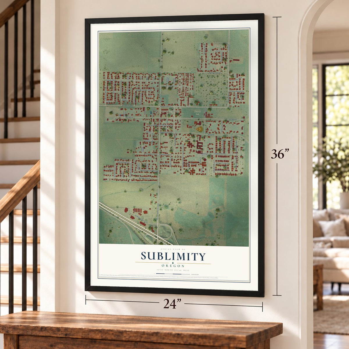 Sublimity, Oregon map, 24 x 36 inch print in a black frame by a staircase