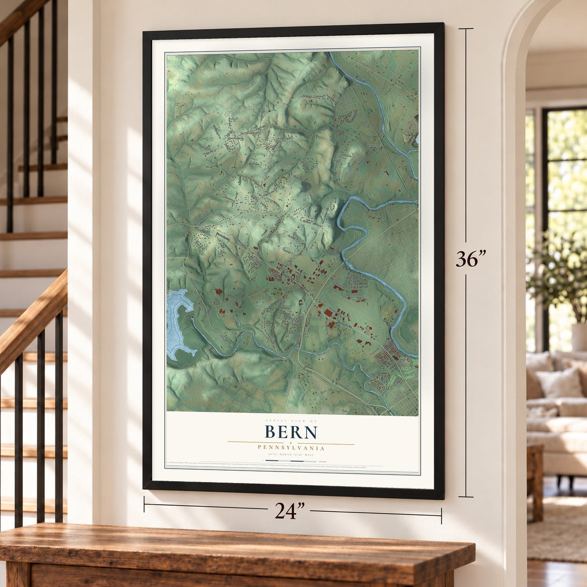 Bern, Pennsylvania map, 24 x 36 inch print in a black frame by a staircase