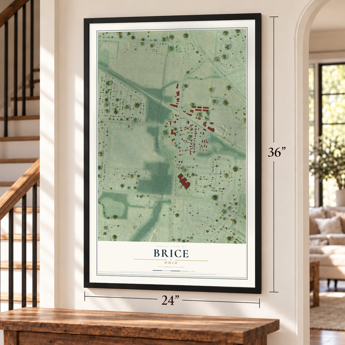 Brice, Ohio map, 24 x 36 inch print in a black frame by a staircase