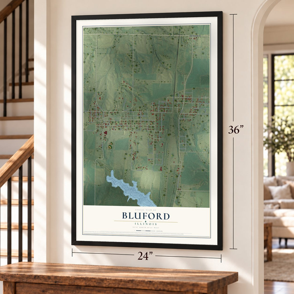 Bluford, Illinois map, 24 x 36 inch print in a black frame by a staircase