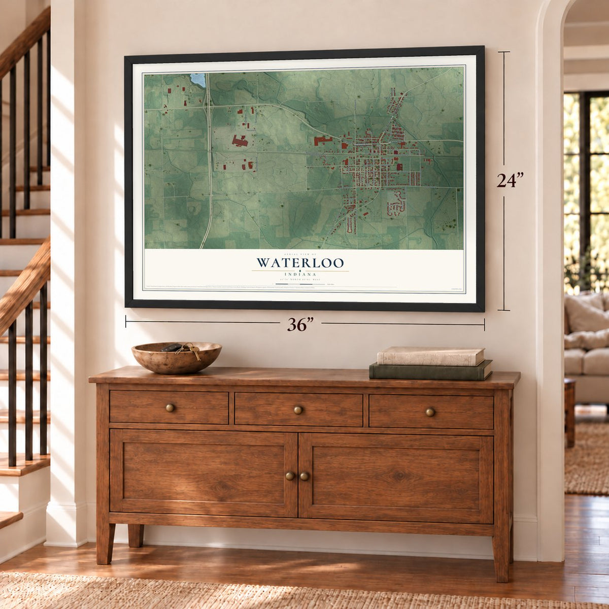 Waterloo, Indiana map, 24 x 36 inch print in a black frame above a dresser by a staircase