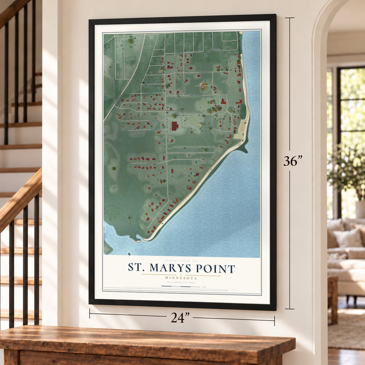 St. Marys Point, Minnesota map, 24 x 36 inch print in a black frame by a staircase