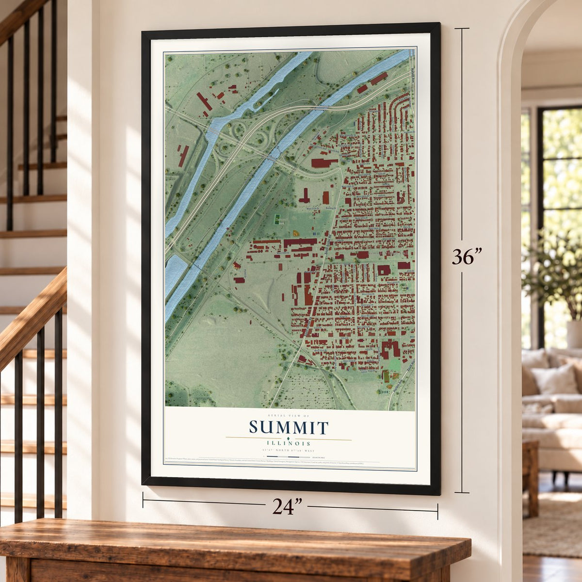 Summit, Illinois map, 24 x 36 inch print in a black frame by a staircase