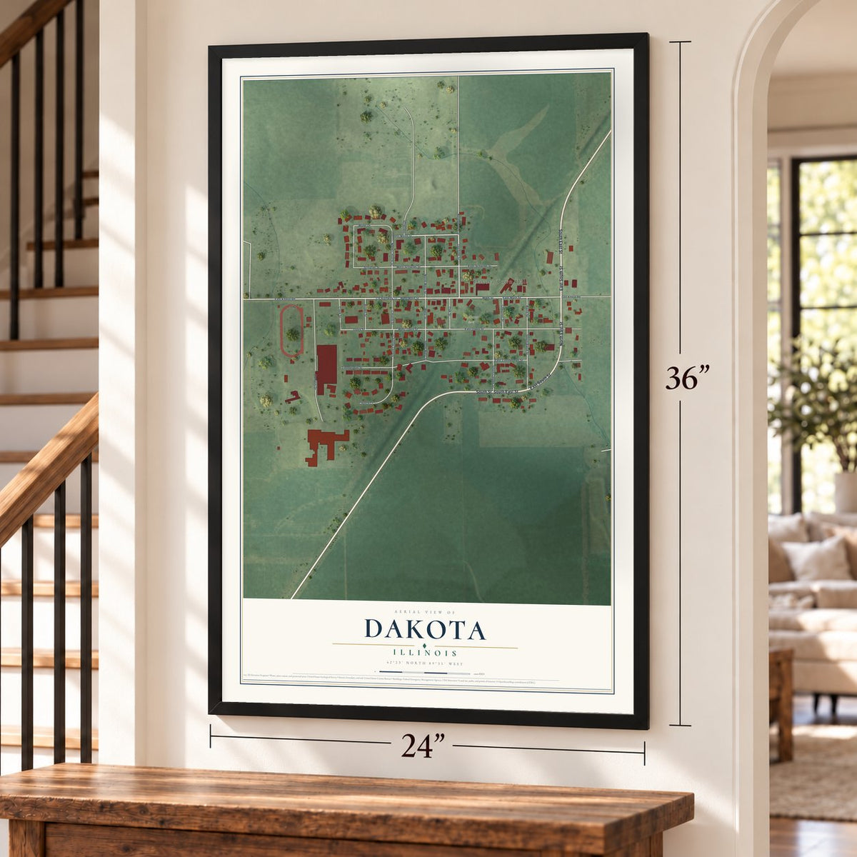 Dakota, Illinois map, 24 x 36 inch print in a black frame by a staircase