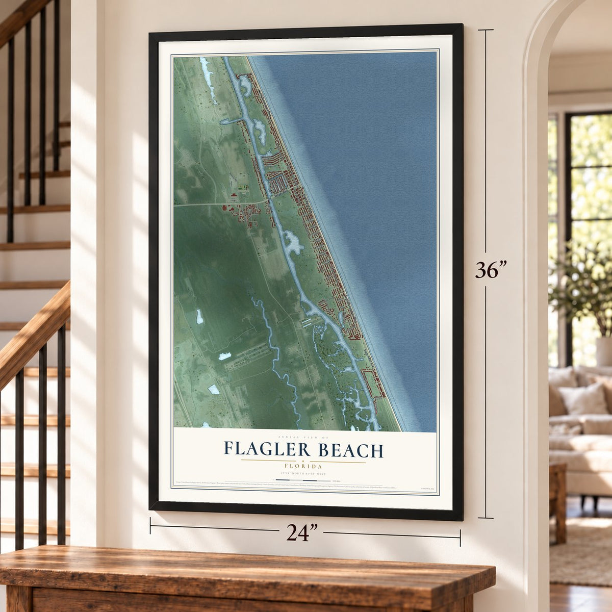 Flagler Beach, Florida map, 24 x 36 inch print in a black frame by a staircase