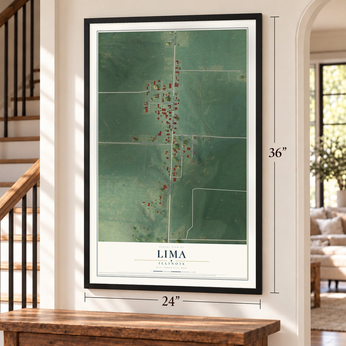 Lima, Illinois map, 24 x 36 inch print in a black frame by a staircase