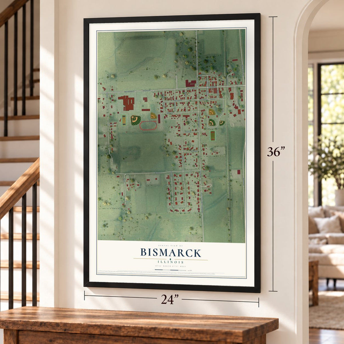 Bismarck, Illinois map, 24 x 36 inch print in a black frame by a staircase