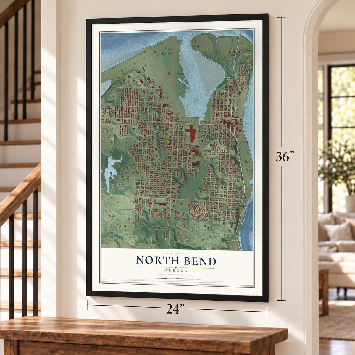 North Bend, Oregon map, 24 x 36 inch print in a black frame by a staircase