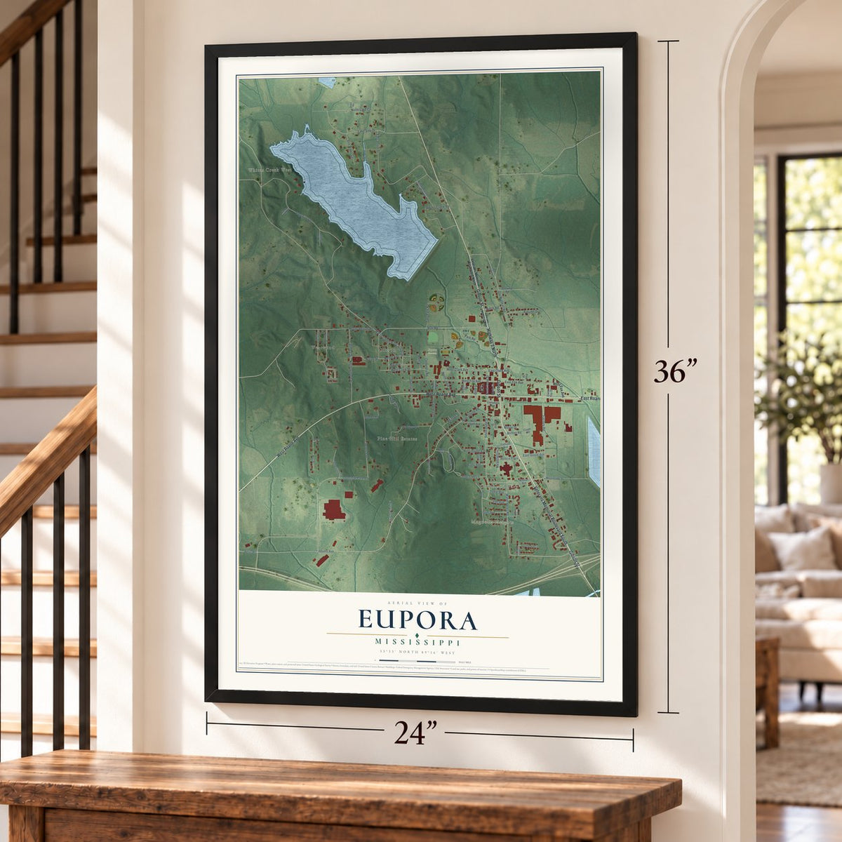 Eupora, Mississippi map, 24 x 36 inch print in a black frame by a staircase