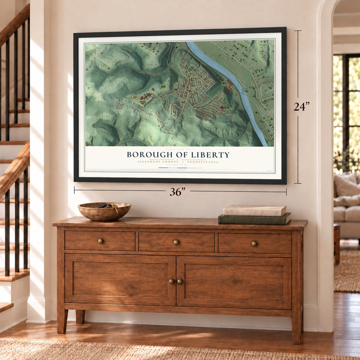 Borough of Liberty, Allegheny County, Pennsylvania map, 24 x 36 inch print in a black frame above a dresser by a staircase