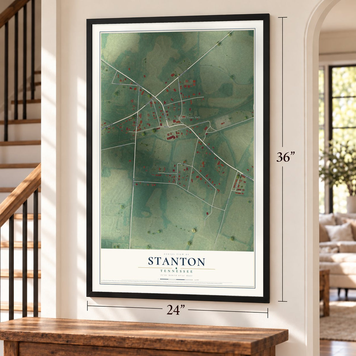 Stanton, Tennessee map, 24 x 36 inch print in a black frame by a staircase