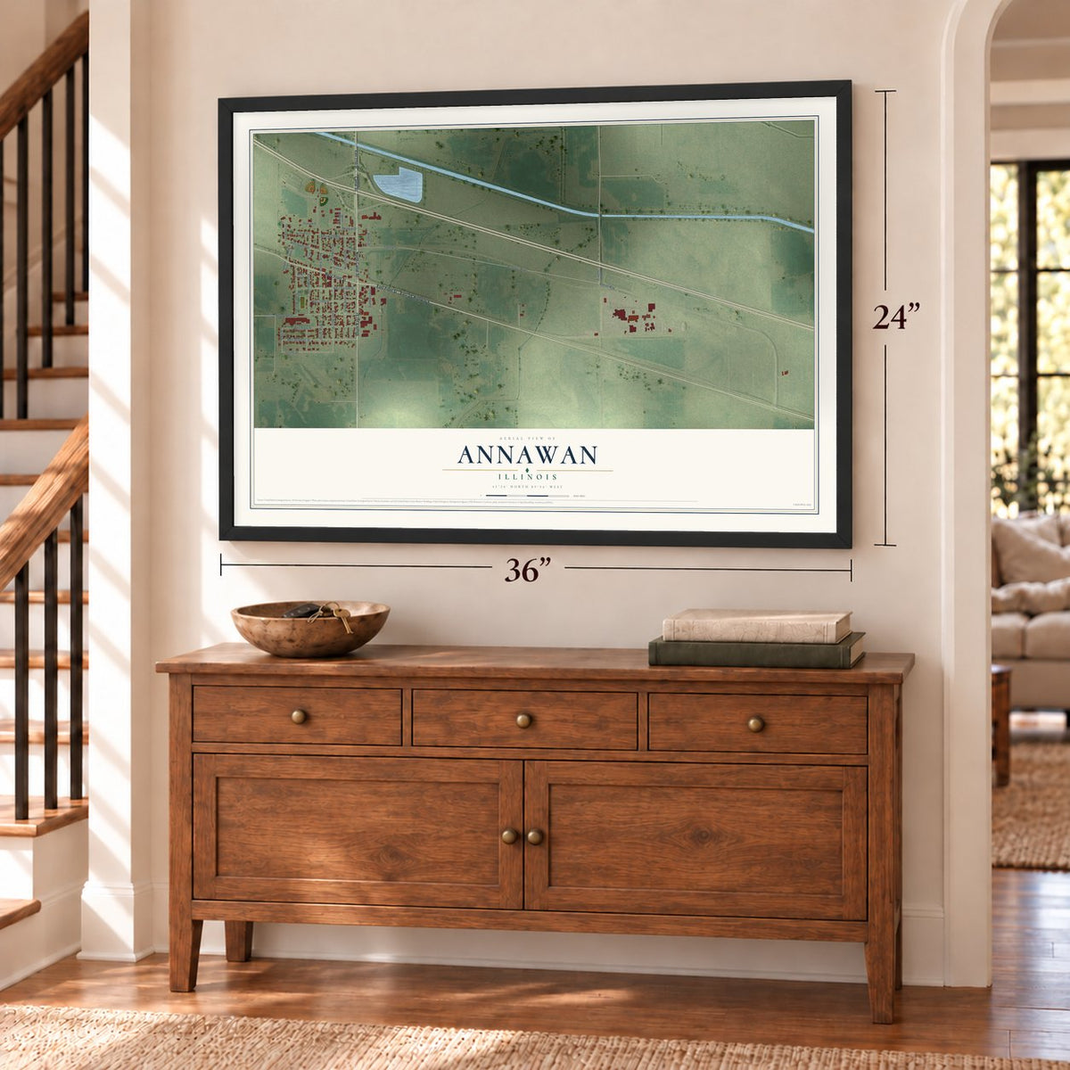 Annawan, Illinois map, 24 x 36 inch print in a black frame above a dresser by a staircase