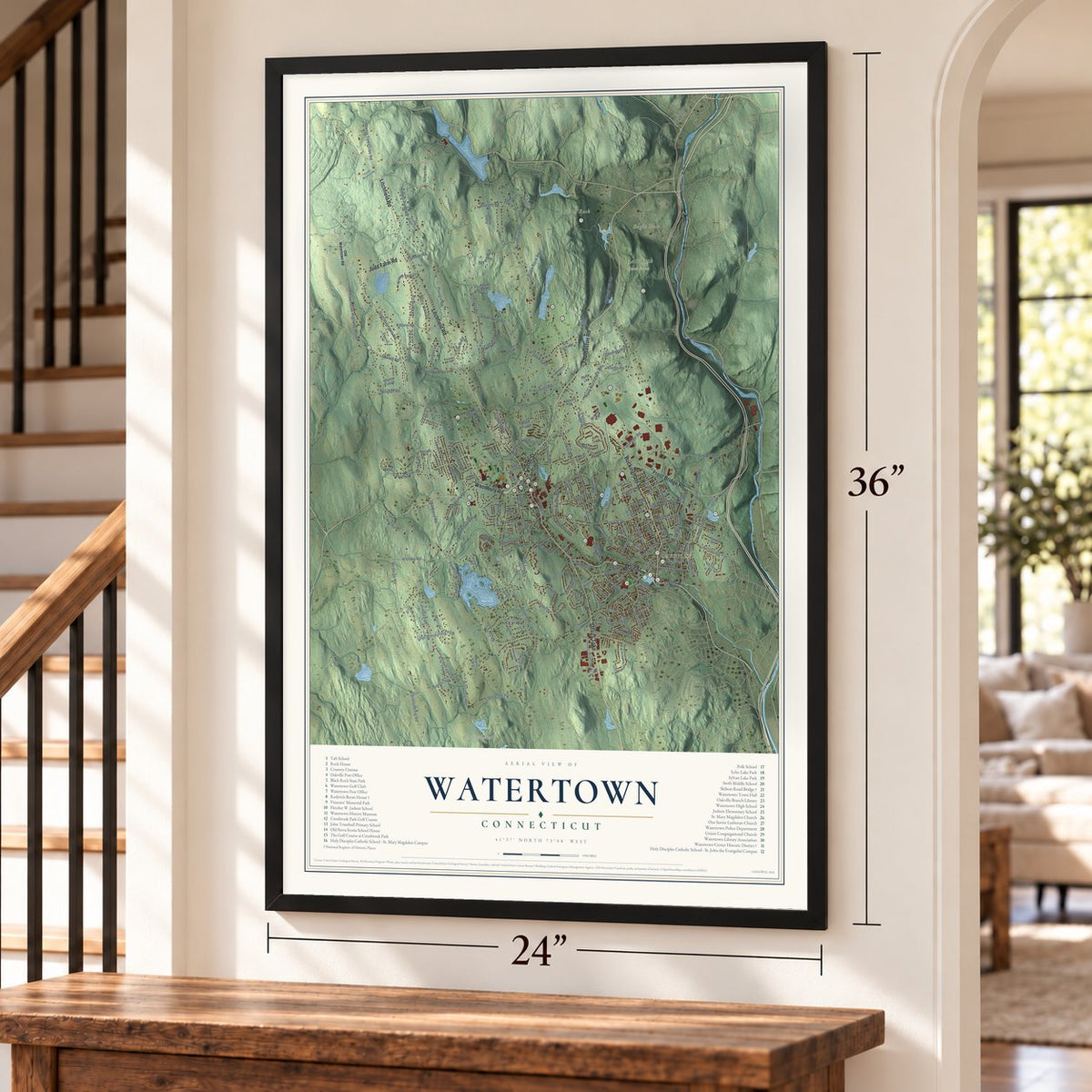 Watertown, Connecticut map, 24 x 36 inch print in a black frame by a staircase