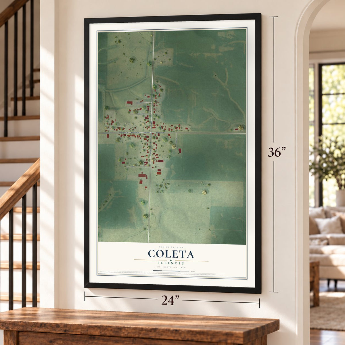 Coleta, Illinois map, 24 x 36 inch print in a black frame by a staircase