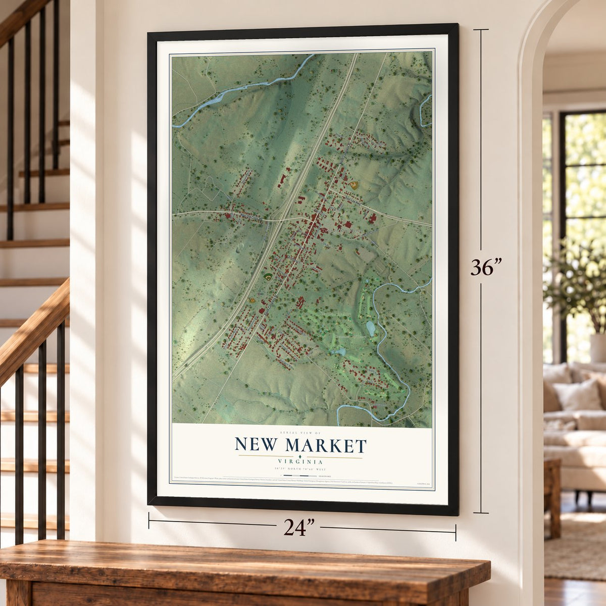 New Market, Virginia map, 24 x 36 inch print in a black frame by a staircase