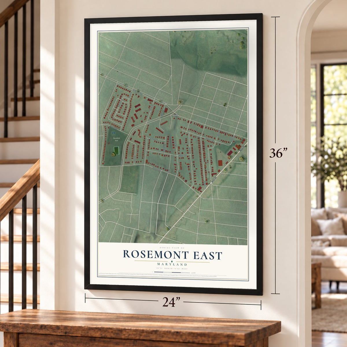 Rosemont East, Maryland map, 24 x 36 inch print in a black frame by a staircase