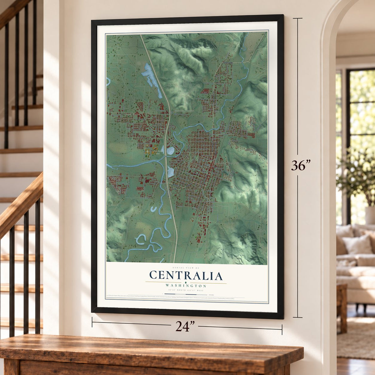Centralia, Washington map, 24 x 36 inch print in a black frame by a staircase