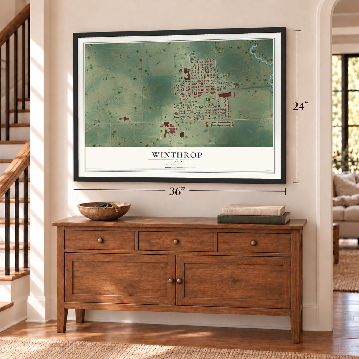 Winthrop, Iowa map, 24 x 36 inch print in a black frame above a dresser by a staircase