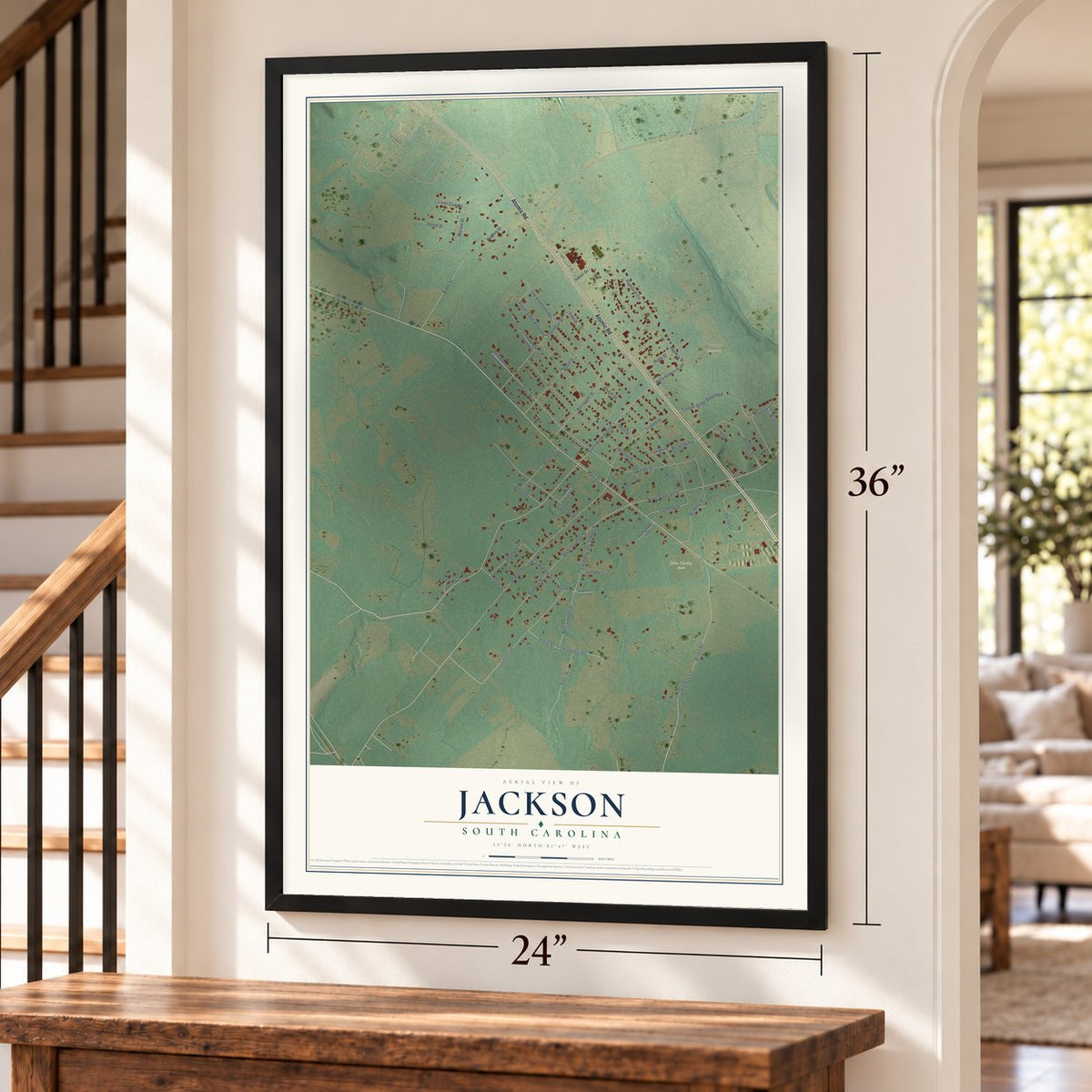 Jackson, South Carolina map, 24 x 36 inch print in a black frame by a staircase