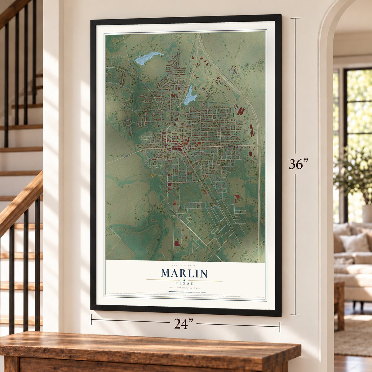 Marlin, Texas map, 24 x 36 inch print in a black frame by a staircase