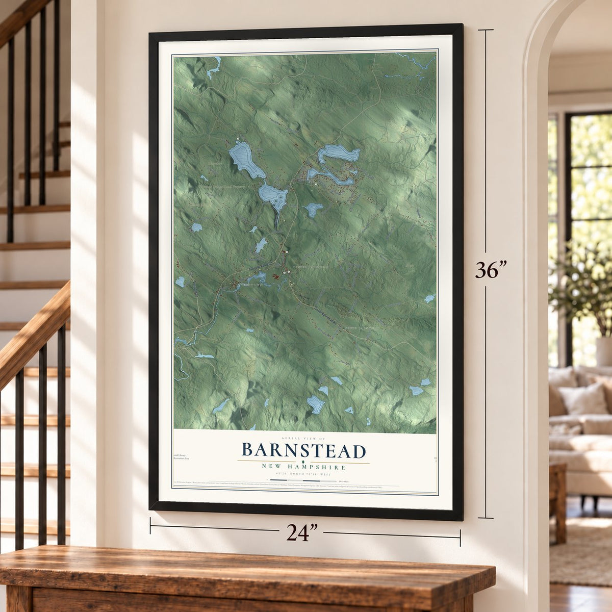 Barnstead, New Hampshire map, 24 x 36 inch print in a black frame by a staircase