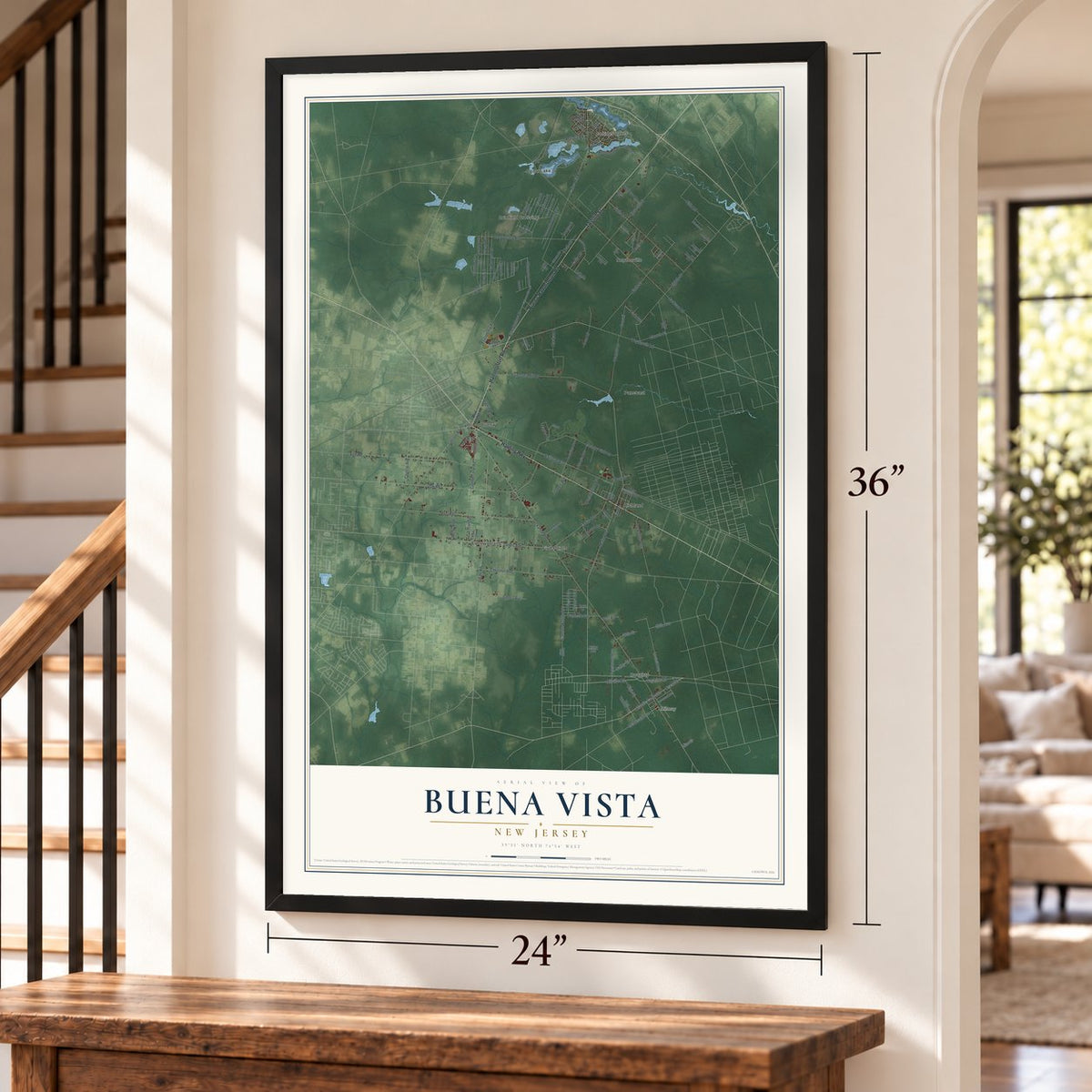 Buena Vista, New Jersey map, 24 x 36 inch print in a black frame by a staircase