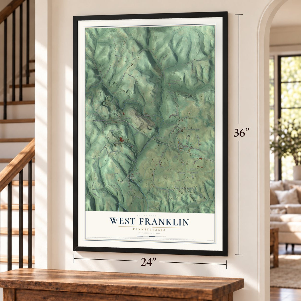 West Franklin, Pennsylvania map, 24 x 36 inch print in a black frame by a staircase