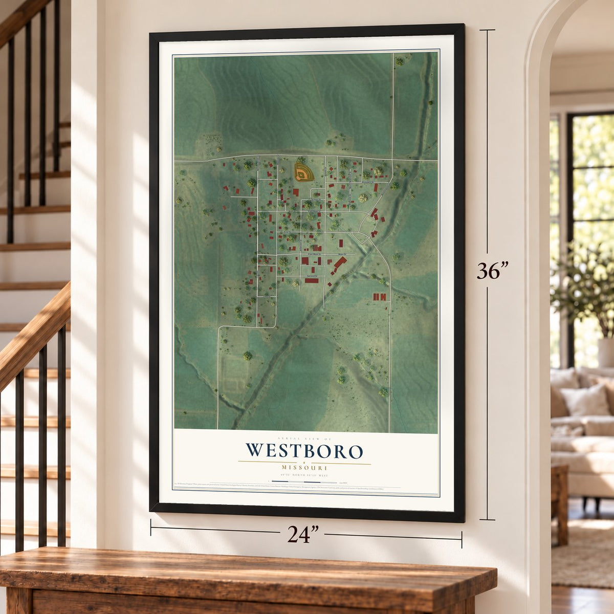 Westboro, Missouri map, 24 x 36 inch print in a black frame by a staircase
