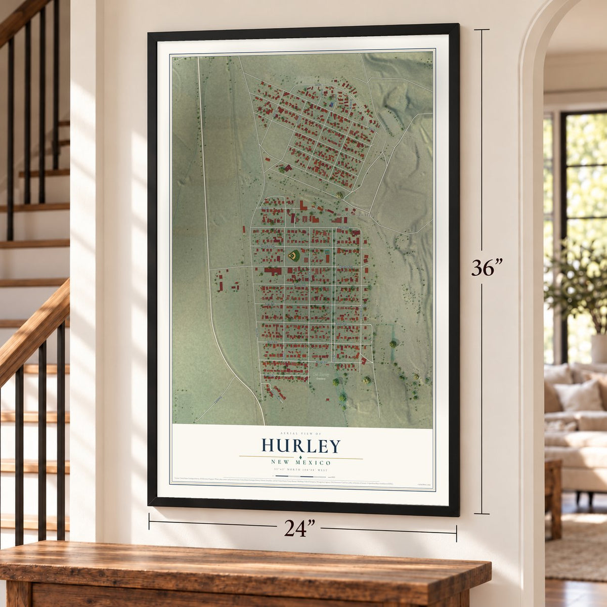 Hurley, New Mexico map, 24 x 36 inch print in a black frame by a staircase