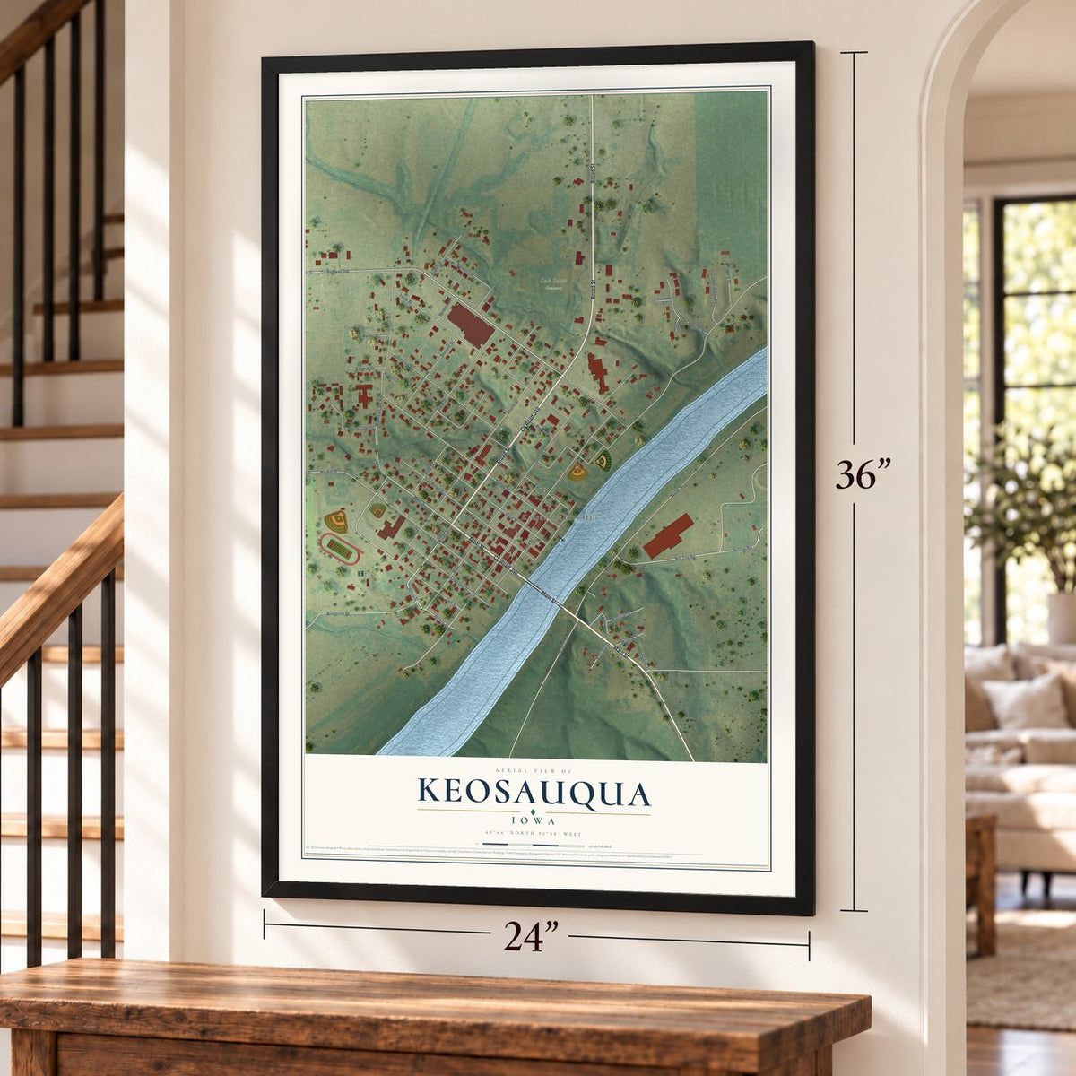 Keosauqua, Iowa map, 24 x 36 inch print in a black frame by a staircase