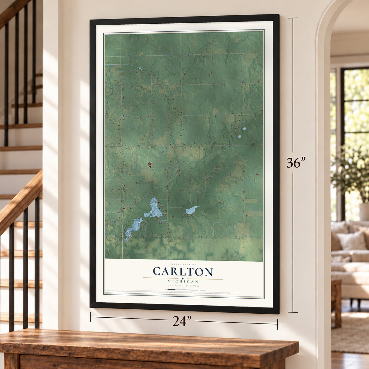 Carlton, Michigan map, 24 x 36 inch print in a black frame by a staircase