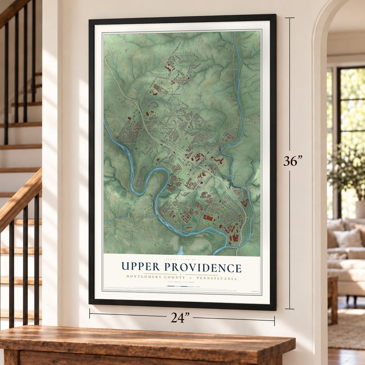 Upper Providence, Montgomery County, Pennsylvania map, 24 x 36 inch print in a black frame by a staircase