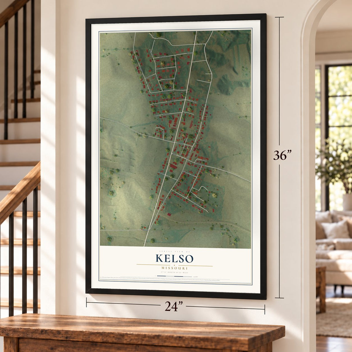 Kelso, Missouri map, 24 x 36 inch print in a black frame by a staircase