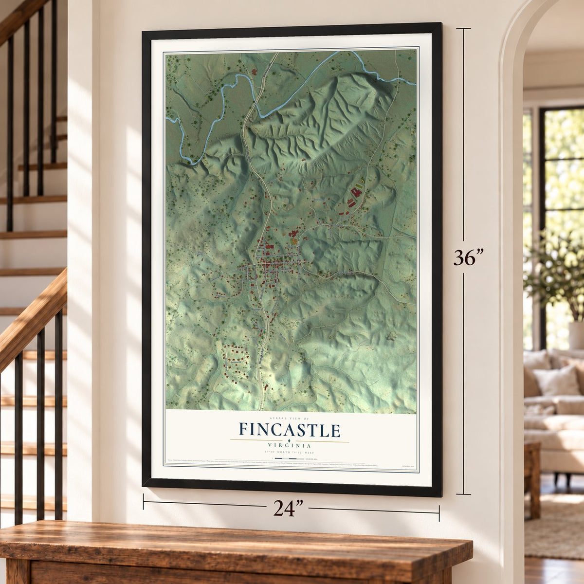 Fincastle, Virginia map, 24 x 36 inch print in a black frame by a staircase