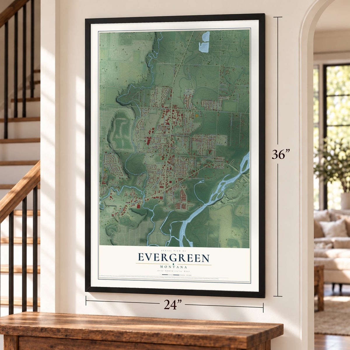 Evergreen, Montana map, 24 x 36 inch print in a black frame by a staircase