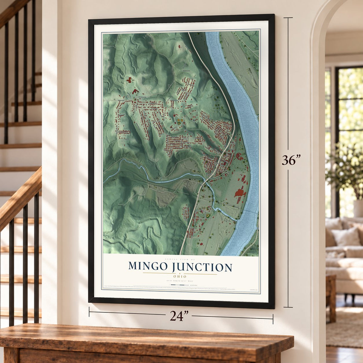 Mingo Junction, Ohio map, 24 x 36 inch print in a black frame by a staircase