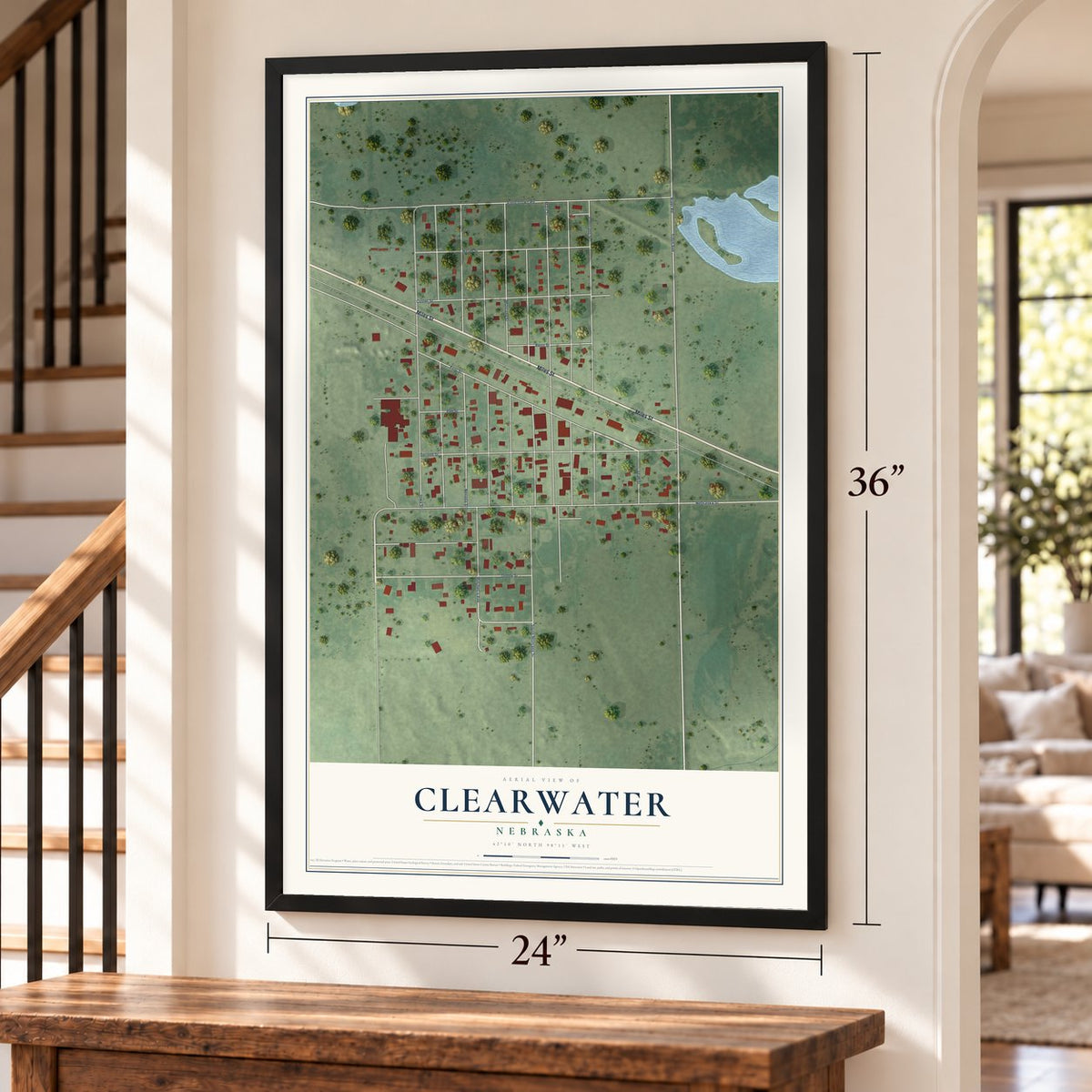 Clearwater, Nebraska map, 24 x 36 inch print in a black frame by a staircase