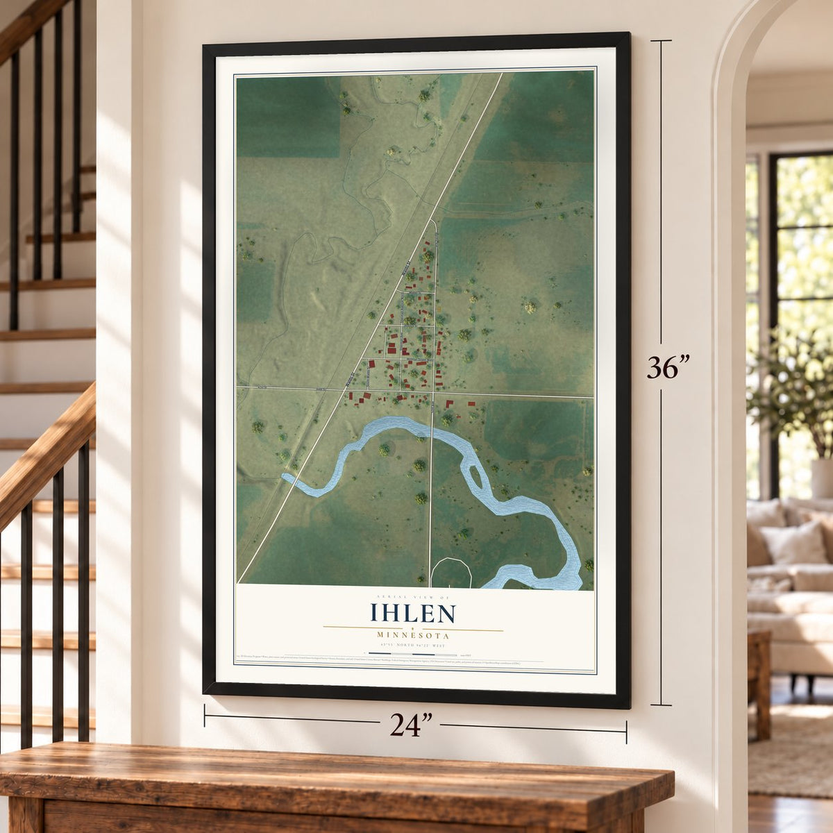 Ihlen, Minnesota map, 24 x 36 inch print in a black frame by a staircase