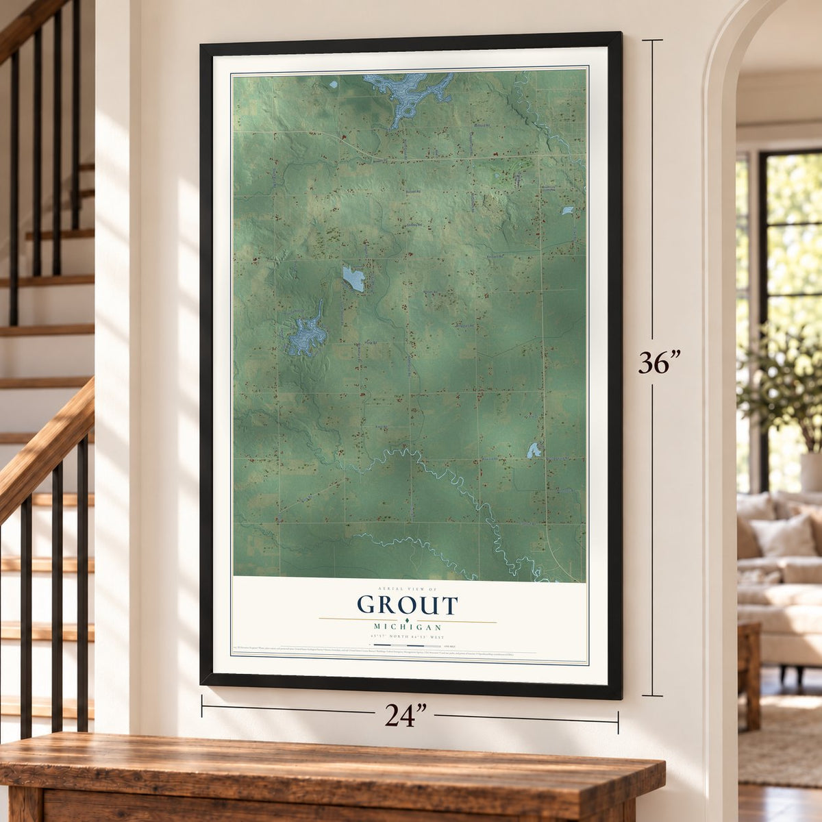 Grout, Michigan map, 24 x 36 inch print in a black frame by a staircase