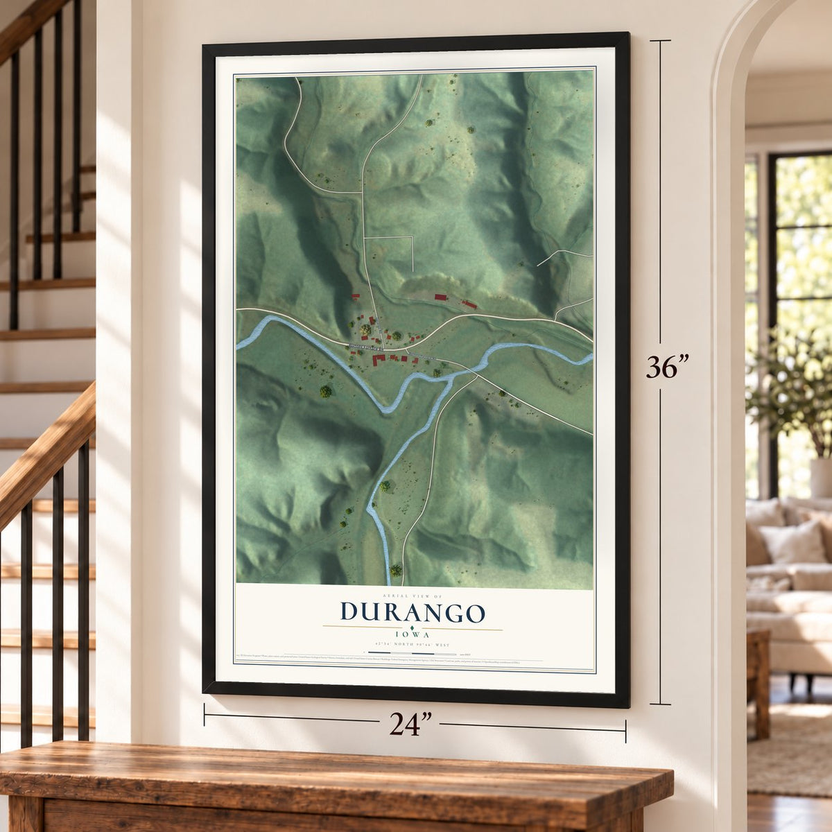 Durango, Iowa map, 24 x 36 inch print in a black frame by a staircase