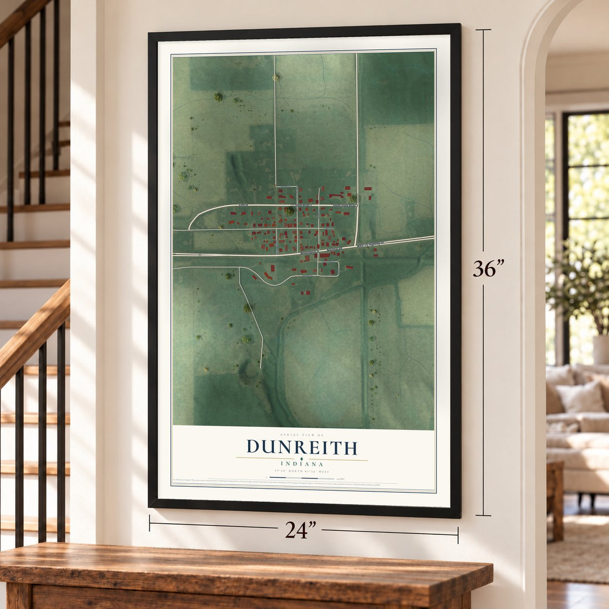 Dunreith, Indiana map, 24 x 36 inch print in a black frame by a staircase