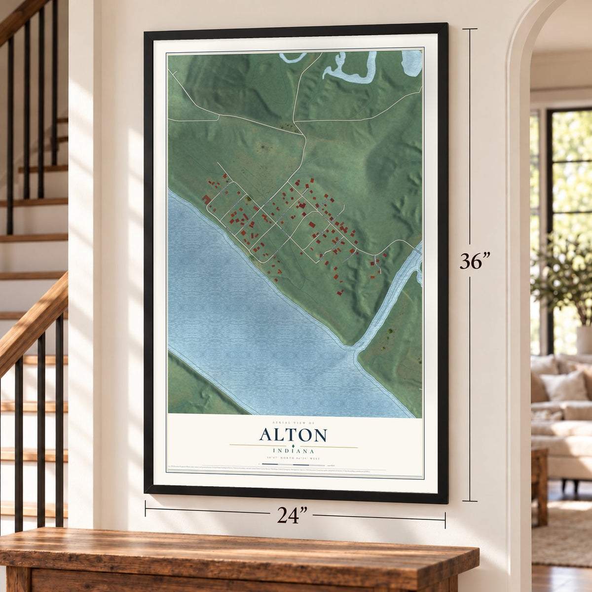 Alton, Indiana map, 24 x 36 inch print in a black frame by a staircase