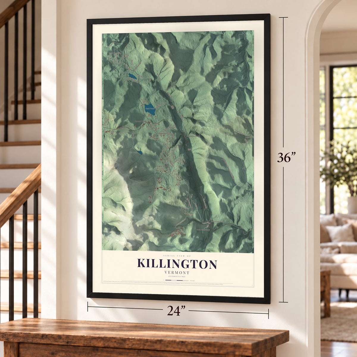 Killington, Vermont map, 24 x 36 inch print in a black frame by a staircase
