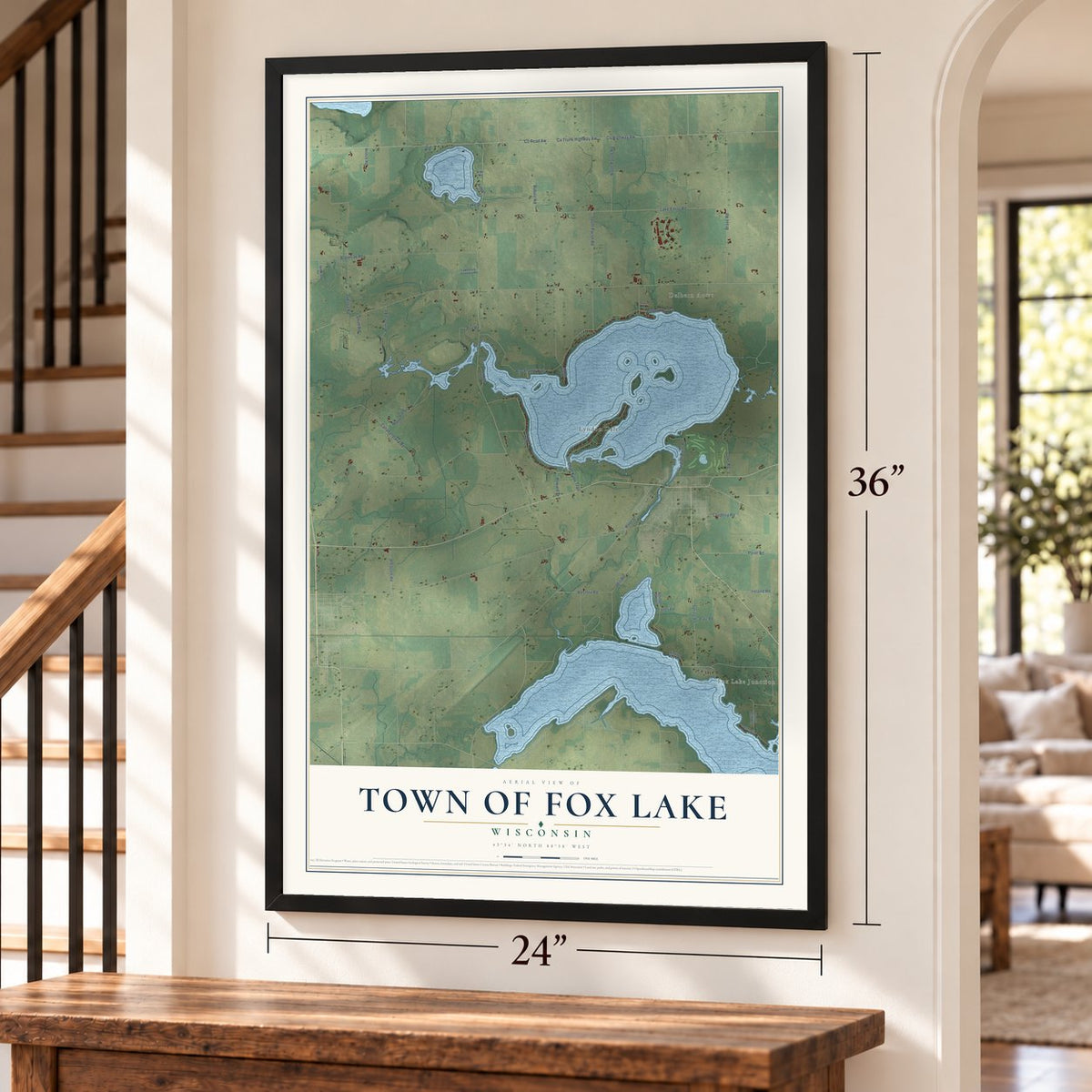 Town of Fox Lake, Wisconsin map, 24 x 36 inch print in a black frame by a staircase