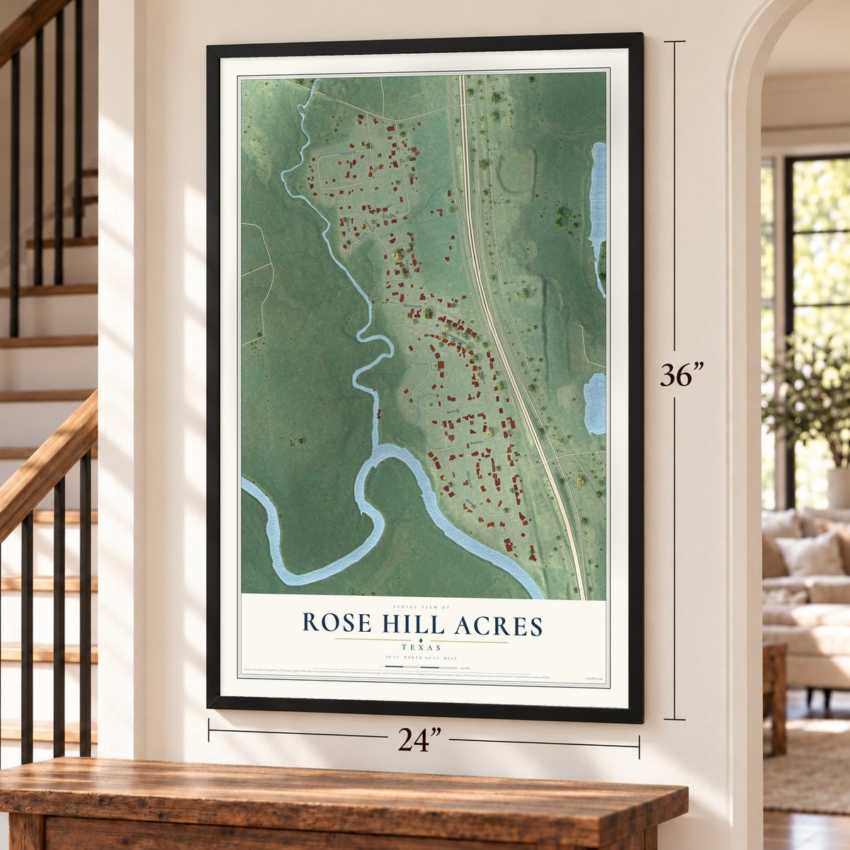 Rose Hill Acres, Texas map, 24 x 36 inch print in a black frame by a staircase
